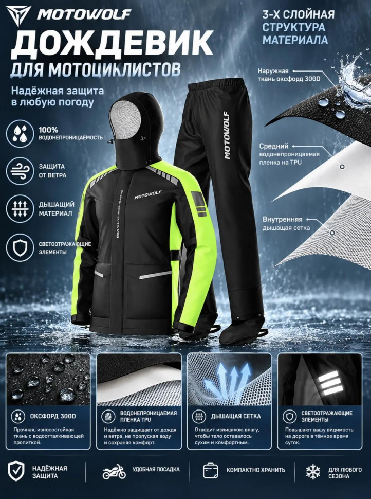 Мотодождевик MOTOWOLF (Мотокостюм защитный) RC_Green-3XL